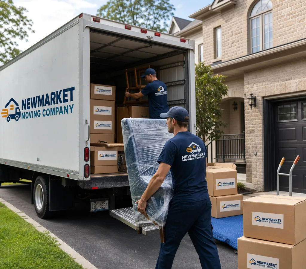 Professional moving crew loading wrapped furniture and labeled boxes into a clean moving truck in a Newmarket driveway
