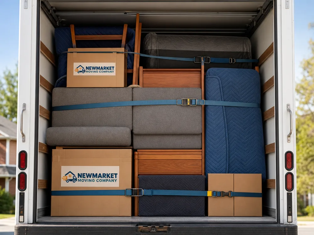 Organized moving truck interior with balanced furniture and boxes secured by straps