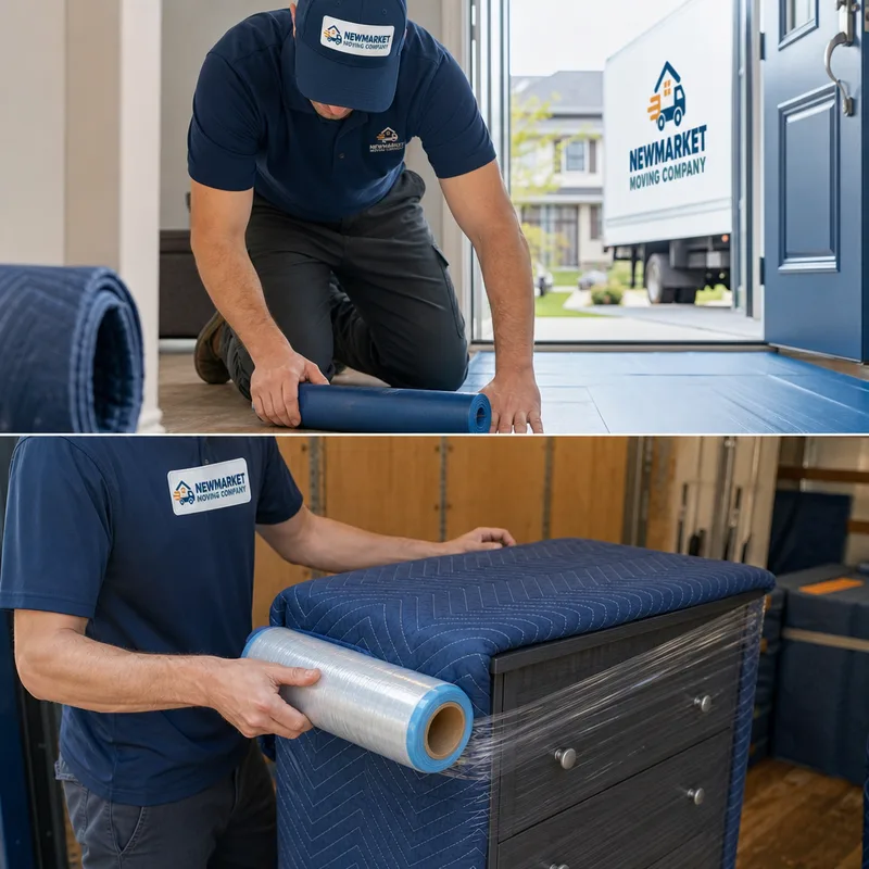 Mover applying floor protection and wrapping a dresser with a moving blanket and stretch wrap