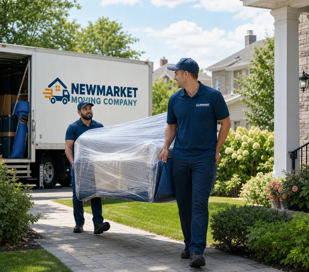 Movers carrying a wrapped sofa down a front walkway with a clean moving truck in a Newmarket-area driveway