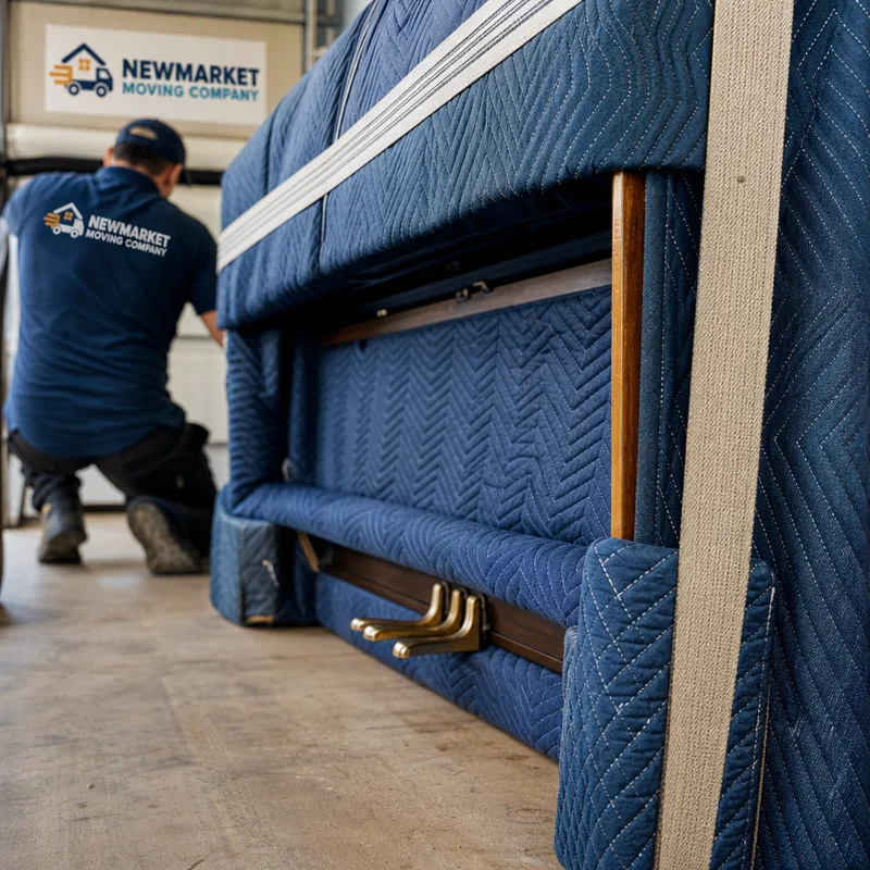 Upright piano wrapped in moving blankets with straps, padded corners, and protected pedals