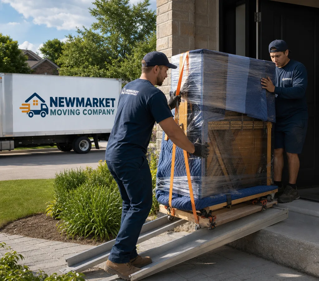 Moving crew guiding a wrapped upright piano on a piano skid with straps over floor runners at a Newmarket home
