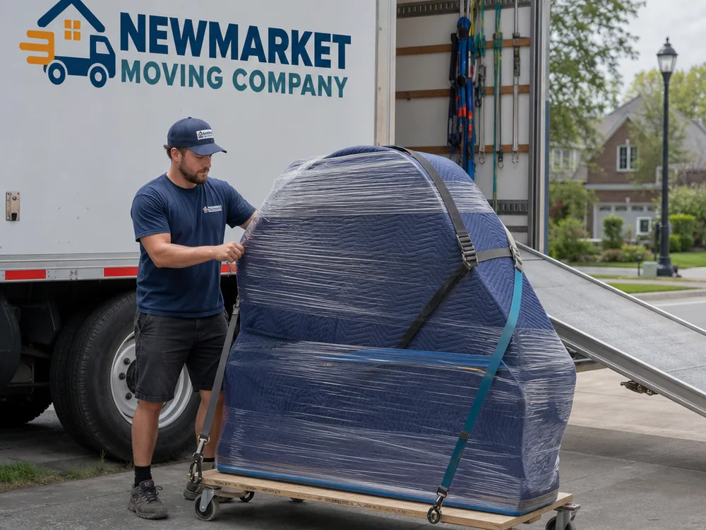 Wrapped baby grand piano secured to a piano board with straps near a moving truck ramp