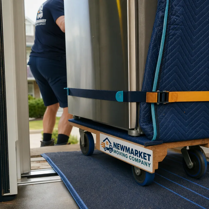 Appliance dolly strapped to a padded stainless-steel refrigerator over a protected floor runner