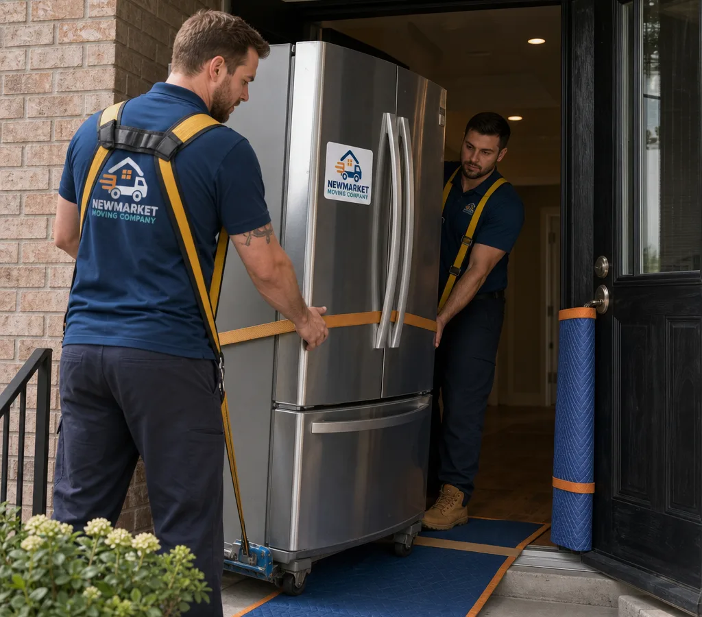 Two licensed movers guiding a refrigerator through a protected doorway in a Newmarket home
