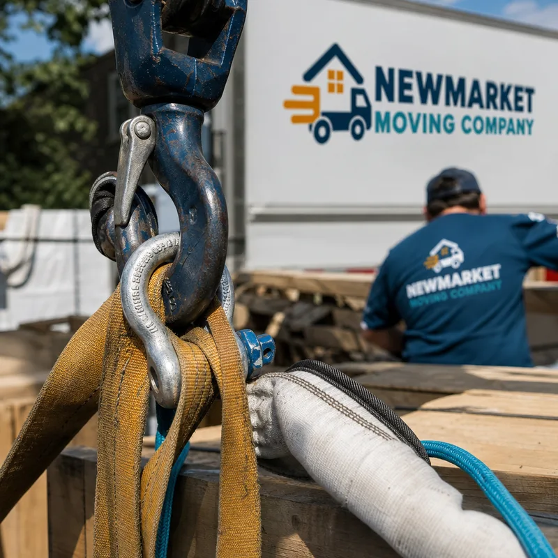 Properly rated rigging gear and tag lines aligned for a controlled lift with abrasion protection