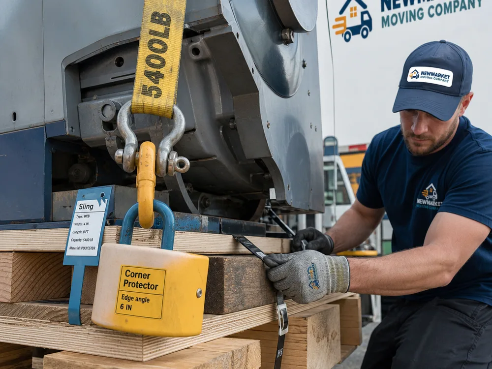 Rated sling, shackle, corner protectors, and banding securing a heavy machine on a timber skid