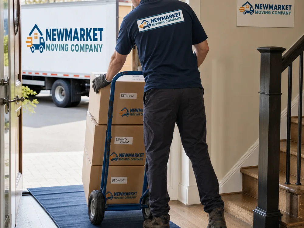 Mover placing floor protection and staging labeled boxes near an entryway before a long-distance move