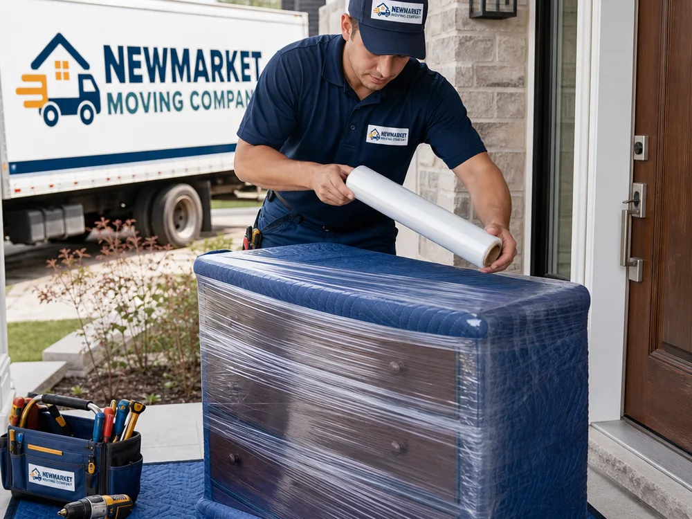 Mover wrapping a dresser beside a protected front door with furniture-moving tools nearby